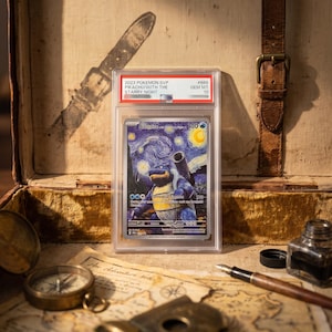 May include: A graded Blastoise trading card in a clear plastic slab, featuring a Starry Night inspired art style. The label reads 2023 POKEMON SVP PIKACHU/WITH THE STARRY NIGHT #666 GEM MT 10. The card displays a blue turtle creature with cannons.