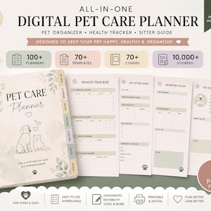 Può includere: Un pianificatore digitale per animali domestici con copertina a spirale che mostra l'illustrazione di un cane e un gatto. Il set include pagine interne per il monitoraggio della salute, guide per il pet sitter, pianificazione mensile e informazioni.