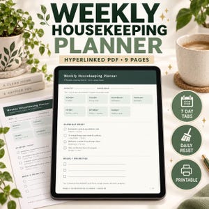 Peut inclure: Un planificateur hebdomadaire de ménage numérique affiché sur un écran de tablette et une version papier imprimée. Le planificateur comprend des sections pour les tâches quotidiennes, une liste de contrôle et des priorités hebdomadaires.