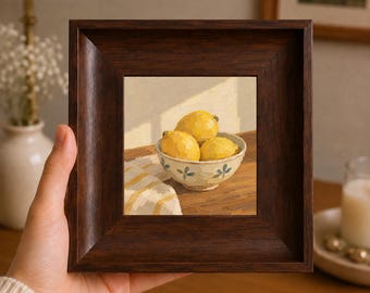 Miniatura di limone dipinta ad olio, natura morta originale dipinta a mano con cornice in legno, accogliente decorazione per la casa, idea regalo.