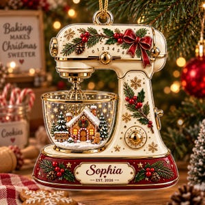 Könnte beinhalten: Ein cremefarbener und roter Standmixer als Weihnachtsbaumschmuck mit einer Glasschüssel, die ein Lebkuchenhaus, Tannenbäume und einen Lebkuchenmann enthält. Auf der Basis steht der Name Sophia und der Text EST. 2026.