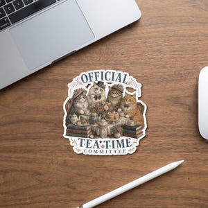 Officiële Tea Time Committee kattensticker, Victoriaanse katten theekrans sticker, Cottagecore boekenliefhebber cadeau voor haar