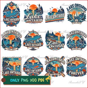 May include: A collection of twelve graphic illustrations featuring Lake Ontario, showcasing lighthouses, sailboats, sunsets, maps, and canoes. Each design incorporates the text Lake Ontario, with some including the establishment date 1615.