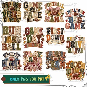 May include: A collection of twelve digital graphic designs featuring American football themes with plaid, checkered, and star patterns. Text includes phrases like Defense Wins Games, Game Face On, Football Mama, Small Town Big Game, and Touchdown Season.