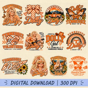 May include: A digital collection of twelve graphic designs featuring orange and white color schemes, Dolly Parton illustrations, Tennessee themes, butterflies, sunflowers, guitars, cowboy hats, and text including Dolly, Tennessee, and Volunteers.