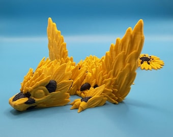 Articulated Sunflower Dragon, 3D Printed Fidget Toy, Cottagecore Desk Pet, Whimsical Garden Accent