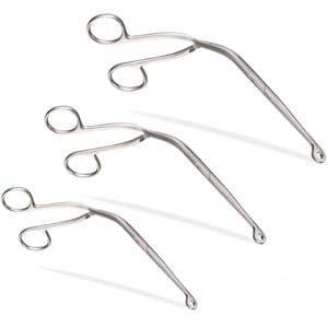 May include: Three silver-colored metal surgical instruments with ring handles and long, curved, slender shafts. Each tool features a pivot point and a small, circular, flat-tipped end, arranged in a diagonal pattern from largest to smallest.