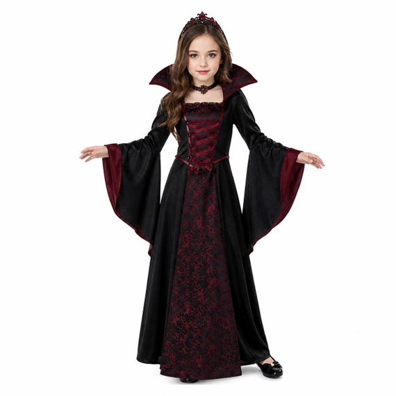 Kids Gothic Costume, Girls Halloween, Black Medieval Outfit, Vampire Party Costume, Fantasy Cosplay Dress