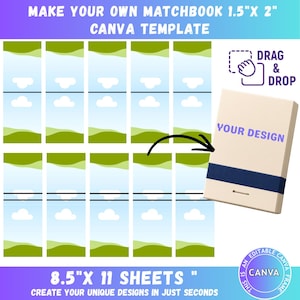 May include: A digital Canva template for creating 1.5" x 2" matchbooks on 8.5" x 11" sheets. The layout features a grid of rectangular panels with a blue sky and green landscape design, alongside a 3D matchbook mockup labeled YOUR DESIGN.