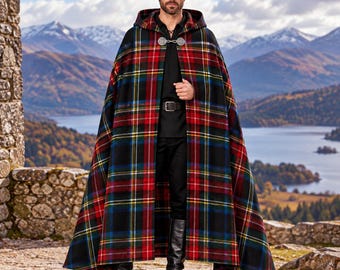 Schwarzer Stewart-Tartan-Umhang für Herren, schottischer Kapuzenumhang, schwarz-rot karierter Hochlandumhang, mittelalterliches keltisches Kostüm, Tartan-Geschenk