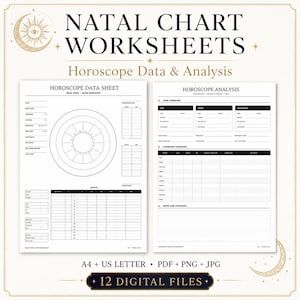 May include: Two white natal chart worksheets with black text and lines. The left sheet features a circular zodiac diagram and an aspects table. The right sheet includes sections for core signature, planetary condition, and notes. Text includes NATAL CHART WORKSHEETS, Horoscope Data & Analysis, and 12 DIGITAL FILES.