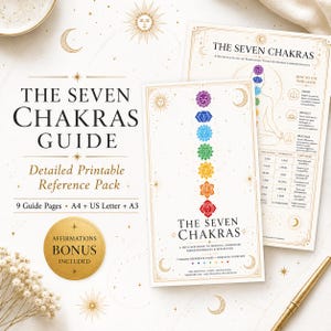 Guide till de sju chakran, utskrivbar chakra-fusklapp, sidor om skuggornas bok, bonus för chakra-affirmationer