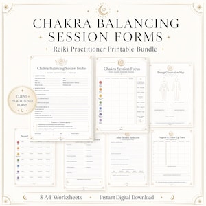 Op de afbeelding: Een set van acht printbare Chakra Balancing sessieformulieren voor Reiki-beoefenaars. De documenten bevatten zwarte tekst op een witte achtergrond met hemelse motieven, waaronder intakeformulieren, sessie-focus trackers en reflectienotities.