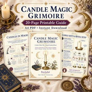 May include: A 20-page printable Candle Magic Grimoire guide in A4 PDF format. The cover features a central candle illustration, moon motifs, and the text Candle Magic Grimoire. Two interior pages display ritual instructions, safety tips, and diagrams.