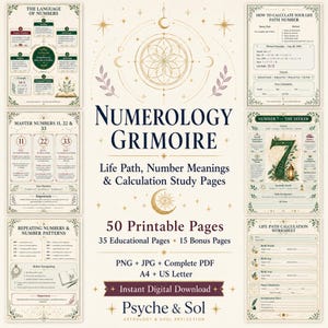 Può includere: Una collezione digitale intitolata Numerology Grimoire che comprende 50 pagine stampabili per calcoli sul percorso di vita e sui numeri. Il layout include pagine di studio educativo, fogli di lavoro e grafici con motivi celesti e bordi decorativi.