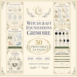 Grimorio de brujería imprimible, Libro de las Sombras para principiantes, Guía para brujas solitarias, Paquete de 50 páginas en formato A4