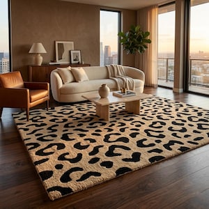 Leopard Print Area Rug | Hand Tufted Wool Carpet | Beige Black Animal Pattern | Maximalist Living Room Decor | 8x10 Custom Size Available