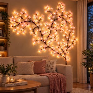 Könnte beinhalten: Eine dekorative Wandleuchte in Form eines ausladenden Baumzweigs mit zahlreichen kleinen, leuchtend rosa Kirschblüten. Die dunkelbraunen Zweige erstrecken sich über die Wand und strahlen aus jeder einzelnen Blüte ein warmes, sanftes Licht aus.