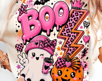 Pink Halloween Boo Ghost Pumpkin PNG, Trendy Spooky Season Shirt Graphic (Digital Download)