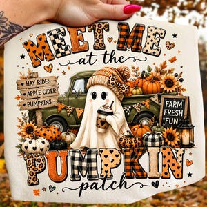 Pumpkin Patch Ghost Truck PNG Meet Me to the Pumpkin Patch PNG, Autumn Checkered Fall PNG, Sublimation, Girly Halloween Tee Digital Download