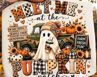 Pumpkin Patch Ghost Truck PNG Meet Me to the Pumpkin Patch PNG, Autumn Checkered Fall PNG, Sublimation, Girly Halloween Tee Digital Download