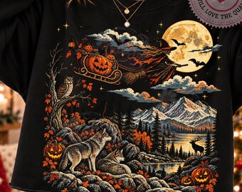 flying witch halloween png, vintage mountain landscape, wolves full moon pumpkins, spooky forest sublimation, shirt design, digital download