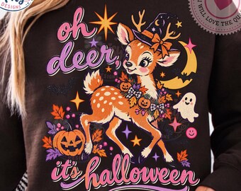 oh deer its halloween png, cute deer witch hat, pink purple pumpkin ghost design, retro girly spooky season sublimation, digital download