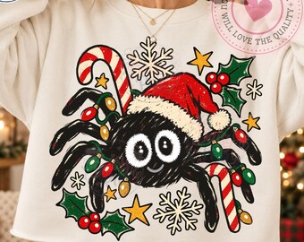 Cute Christmas Spider PNG Sublimation Design, Retro Spooky Xmas Santa Hat Shirt Graphic, Hand Drawn Candy Cane Snowflakes Download