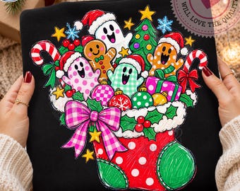 Cute Christmas Stocking PNG Sublimation Design, Spooky Holiday Ghost Shirt Graphic, Pink Coquette Bow Gingerbread Winter Digital Download