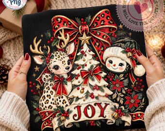 Vintage Christmas Joy PNG Sublimation Design, Retro Coquette Red Leopard Bow Shirt Graphic, Cute Reindeer Snowman Stocking Download