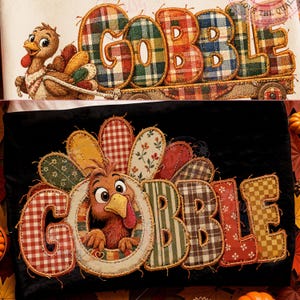 gobble turkey png, patchwork thanksgiving Bundle, plaid gingham floral feathers, faux applique shirt sublimation, instant digital download