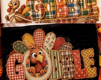 Gobble Turkiet png, patchwork Thanksgiving-bunt, rutiga ginghamblommiga fjädrar, sublimering av skjorta med konstapplikation, digital nedladdning direkt