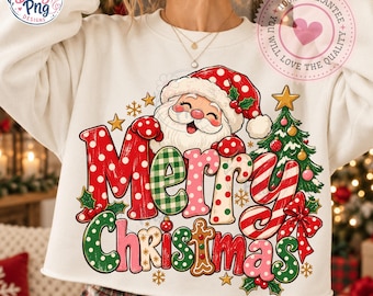 God jul tomten png, vintage patchwork-bokstäver, gingham pepparkaksjulgran, retro semestersublimering, digital nedladdning