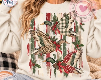 christmas duck trio png, flying mallard ducks, leopard plaid patchwork, rustic brushstroke holiday sublimation, hunting tee digital download