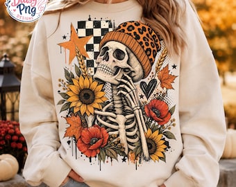 Blommigt skelett PNG, trendig skalle och blommor PNG, boho botanisk skalle Clipart, mörk Cottagecore sublimering DTF, gotisk skalle rutig PNG
