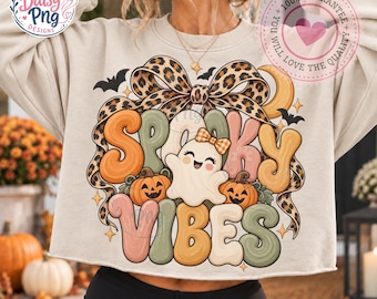 Spöklika vibbar png, söt spökleopardrosett, neutral halloweenpumpadesign, kokett höstsublimering, flickskjortdesign, digital nedladdning