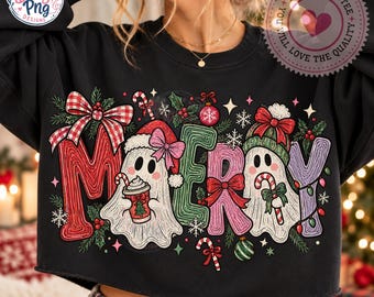 God jul-spöke png, kokett-helgspöken, rosetter, polkagris, varm choklad, retro julsublimering, skjortdesign, digital nedladdning
