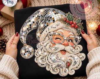 Retro Disco Christmas Santa PNG, God Jul PNG, Spegelkula Julgran PNG, Jultomte Sublimering, Högtid PNG, Ljus Jul PNG