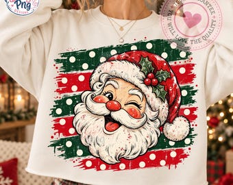 Vintage Santa Claus PNG Christmas Sublimation Design, Retro Winking Santa Shirt Graphic, Distressed Holiday Polka Dot Digital Download