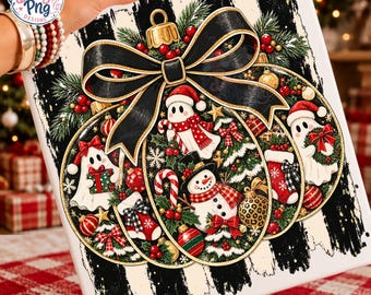 Glam Vintage Christmas Ornaments PNG Sublimation, Retro Coquette Black Bow Shirt Graphic, Trendy Ghost Snowman Leopard Digital Download