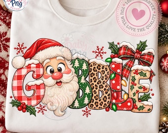 gobble santa png, christmas patchwork letters, leopard plaid bow design, santa face christmas lights, holiday sublimation, digital download