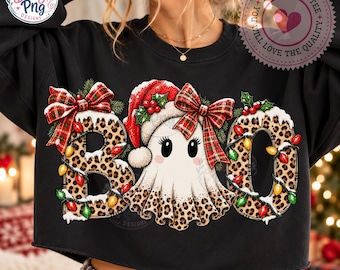 Cute Christmas Ghost PNG Sublimation Design, Spooky Holiday Boo Plaid Bows Shirt Graphic, Leopard Print Tartan Flannel Digital Download