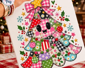 Patchwork christmas tree png, pink gingham bow, cute floral quilt tree, faux embroidery coquette holiday sublimation, digital download