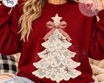 Vintage Lace Christmas Tree PNG Sublimation, Retro Farmhouse Coquette Gingham Bow Shirt Graphic, Shabby Chic Poinsettia Digital Download