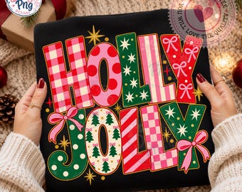 holly jolly png, pink green christmas patchwork, gingham bow holiday lettering, preppy christmas sublimation, shirt design, digital download