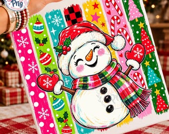 Cute Snowman PNG Christmas Sublimation Design, Retro Holiday Brushstrokes Shirt Graphic, Winter Candy Cane Plaid Bright Digital Download