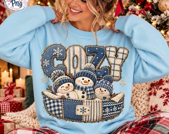 Cozy Snowman PNG Christmas Sublimation Design, Retro Holiday Patchwork Doodle Letters Shirt Graphic, Winter Denim Plaid Digital Download