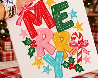 merry christmas png, colorful stacked merry letters, pink bow candy cane design, retro preppy holiday sublimation, tee png, digital download