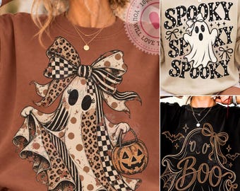 Retro Spooky Polka Dots Png Bundle, Leopard Spooky Ghost Png, Retro Halloween Ghost Png, Preppy Boo Ghost Png, Cute Halloween Coquette Ghost