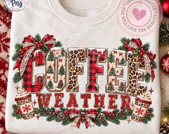 Retro Coffee Weather PNG Sublimation Design, Christmas Holiday Doodle Letters Shirt Graphic, Leopard Print Buffalo Plaid Digital Download